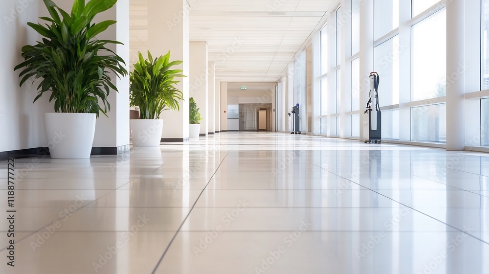 Fototapeta premium Spotless Office Lobby with Cleaning Equipment in Corner