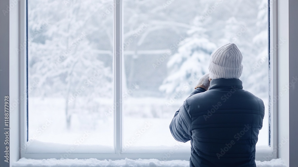 Fototapeta premium Person Clearing Snow from Window to Let Sunlight In During Winter