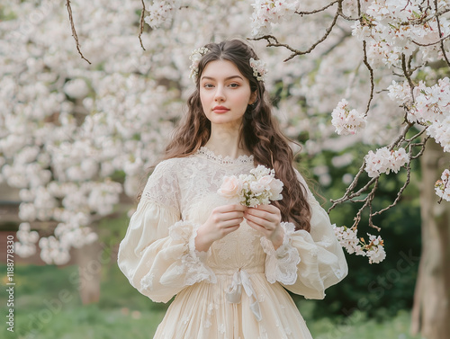 A surreal close-up of a woman with intricate makeup featuring petals and tiny flowers
