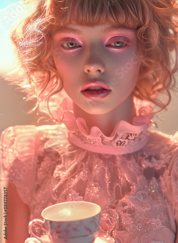 A surreal close-up of a woman with intricate makeup featuring petals and tiny flowers