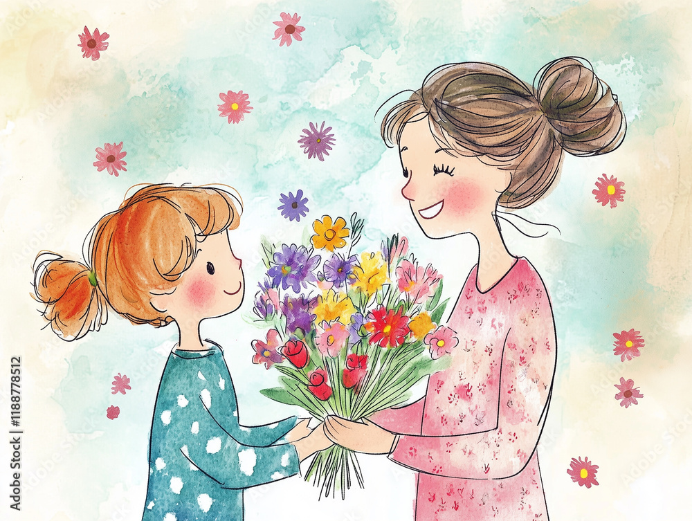 charming hand-drawn image of a mother receiving a bouquet of flowers from her child charming hand-drawn image of a mother receiving a bouquet of flowers from her child
