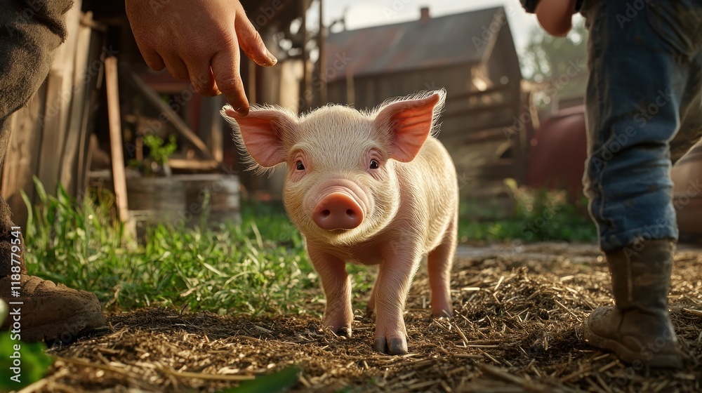 A piglet on a farm, two people petting it. A piglet on a farm, two people petting it.