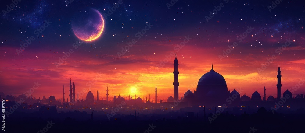 Obraz premium Sunset Mosque Cityscape, Crescent Moon
