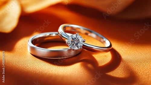 A wedding band, silver ring with diamond on an orange background.