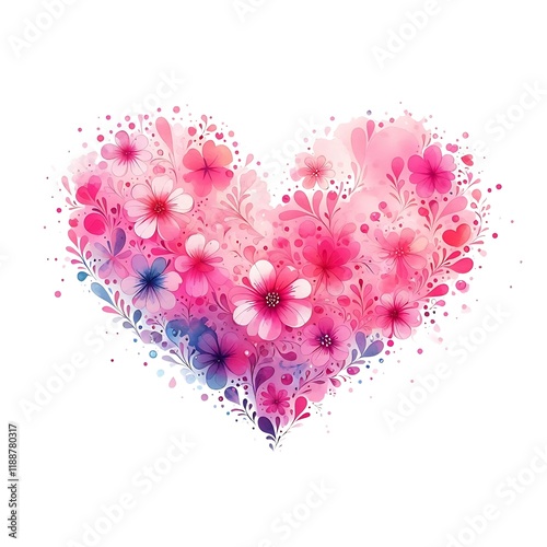 Watercolor Floral Heart Shape, isolated on white, love and romance concept.