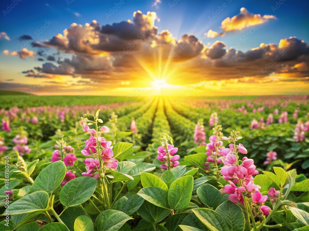Fototapeta premium Sunny Soybean Field, Blooming Soy Flowers, Lush Green Plants, Agricultural Scene, Summer Harvest