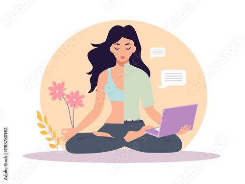 work life balance vector concept business woman meditating yoga laptop flower female character choosing between health relax career dividing office illustration