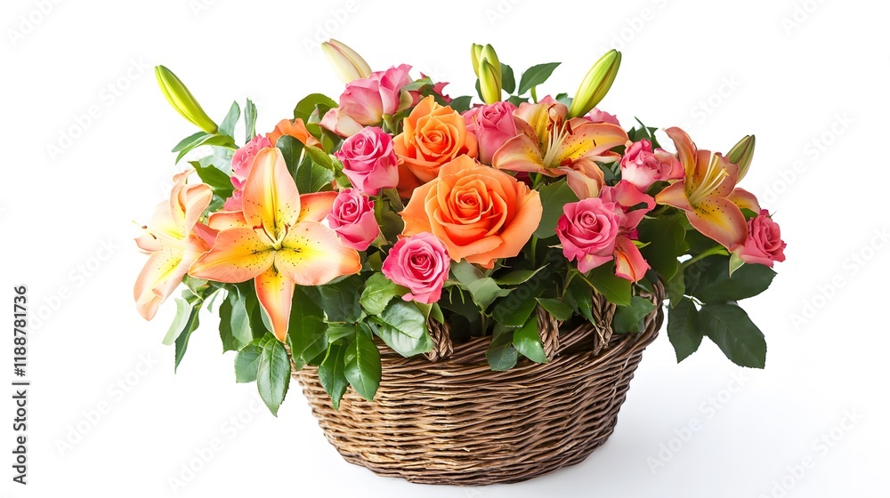 41. Basket of roses and lilies on a white background, ideal for gifts on joyous occasions 41. Basket of roses and lilies on a white background, ideal for gifts on joyous occasions