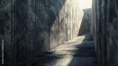 Concrete Maze with Dramatic Shadow Play in Narrow Pathway