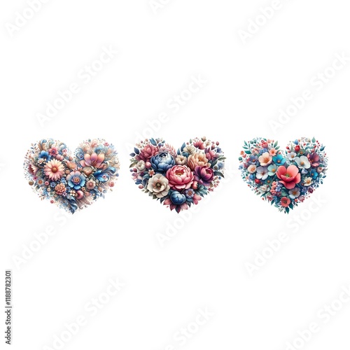 A heart-shaped arrangement made of floral and pearls, with a Valentine's Day theme, set against a white background.