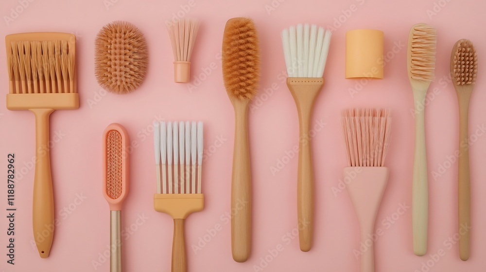 Assortment of Wooden Cleaning Tools on Pastel Background Assortment of Wooden Cleaning Tools on Pastel Background