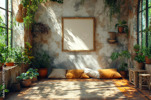 Mockup empty frame, cozy boho interior with bamboo frame, pillows, greenery, natural light photo