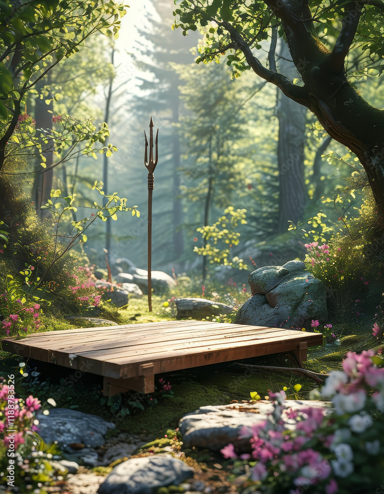 Naklejka premium Great Night of Lord Shiva Podium, Empty product display podium, serene forest sanctuary, wooden podium placed, blooming flowers, moss-covered rocks, Trishul standing tall among the trees, ad, podium