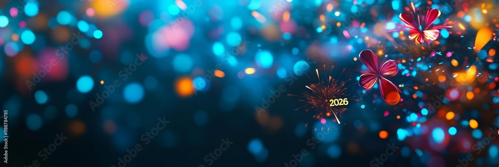 Naklejka premium New Year s Eve 2026 A Sparkling Celebration with Fireworks and Confetti on a Vibrant Background