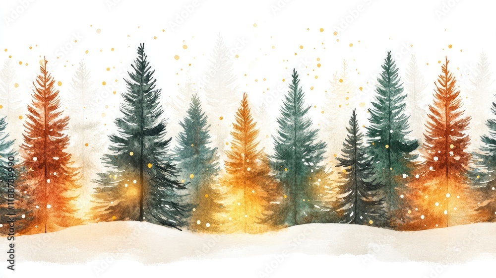 Obraz premium Watercolor Christmas Tree with Snow and Glowing Lights. Winter Landscape with Fir Trees for Holiday Decor, Greeting Cards, and New Year Designs