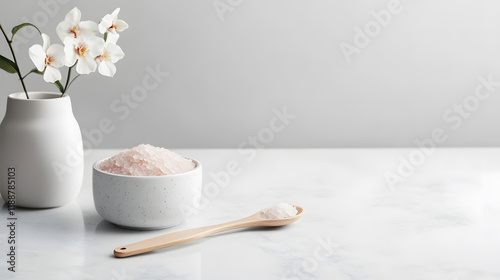 Experience the Serenity of Wellness: A Tranquil Spa Setting with Himalayan Salt and Elegant Orchids for Relaxation and Rejuvenation photo