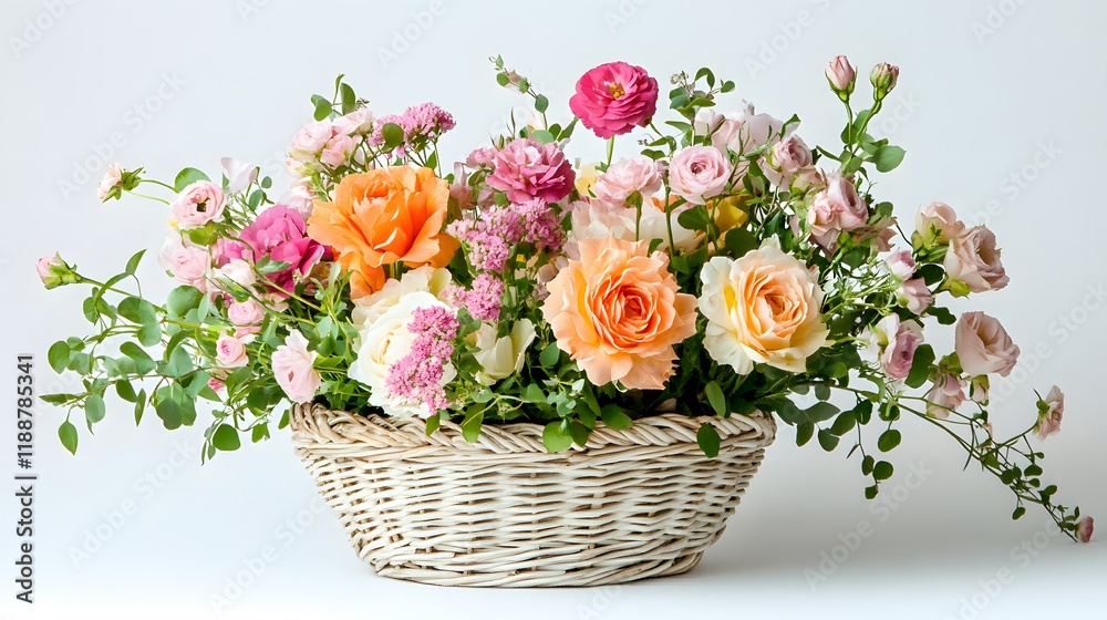 56. A beautiful floral arrangement in a basket on a white backdrop, ideal for an elegant gift on special occasions 56. A beautiful floral arrangement in a basket on a white backdrop, ideal for an elegant gift on special occasions