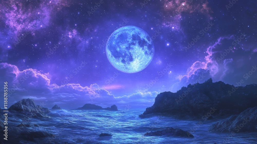Ethereal Night Sky with Bright Full Moon Over Ocean Landscape Ethereal Night Sky with Bright Full Moon Over Ocean Landscape