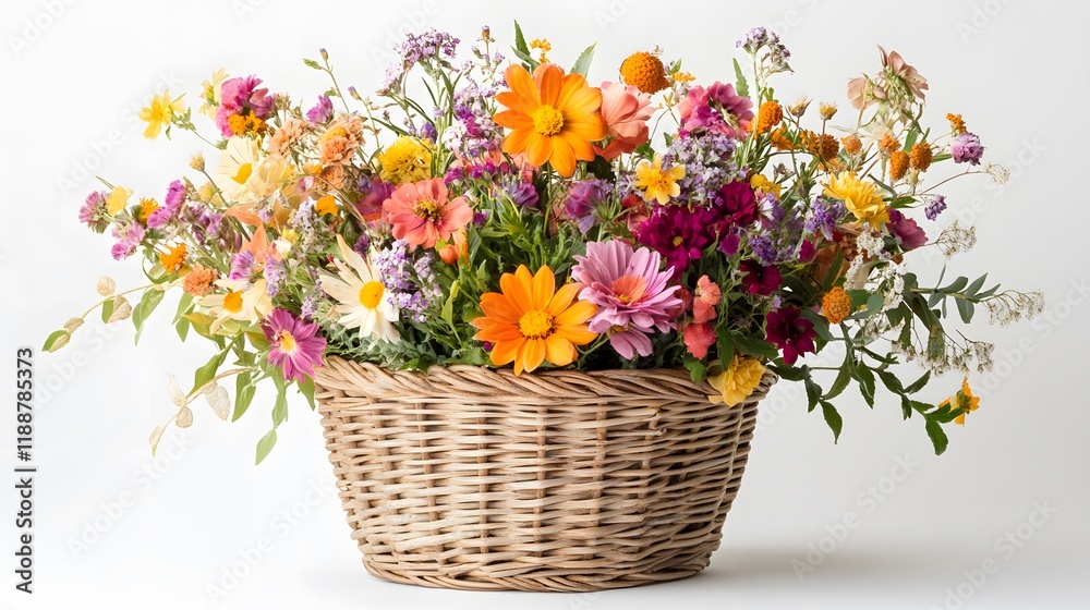 55. A stunning flower basket filled with seasonal flowers set against a crisp white background, perfect for gifts
