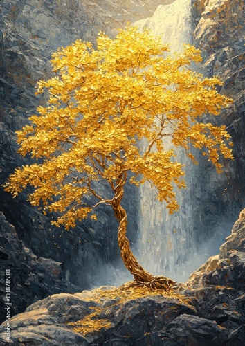 Hyper-realistic Oil Painting of a Tree with Leaves and a Waterfall in the Background