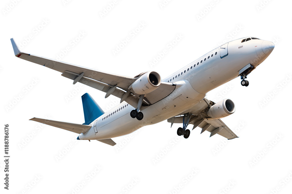 Airplane soaring high in a clear blue sky, isolated PNG with transparent background Airplane soaring high in a clear blue sky, isolated PNG with transparent background