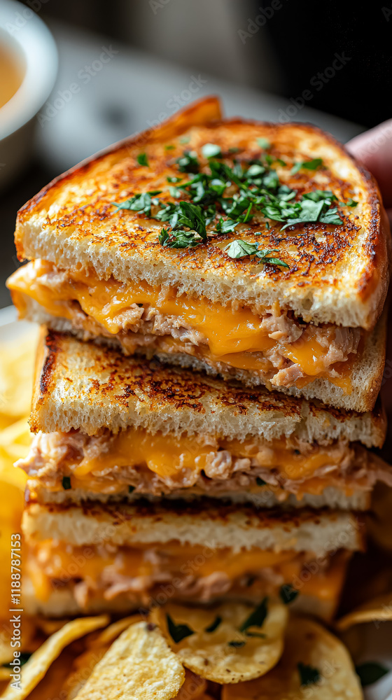 Person is holding a sandwich with three layers of chicken and cheese. The sandwich is piled high on a plate, and there are also some chips on the plate. Concept of indulgence and satisfaction Person is holding a sandwich with three layers of chicken and cheese. The sandwich is piled high on a plate, and there are also some chips on the plate. Concept of indulgence and satisfaction