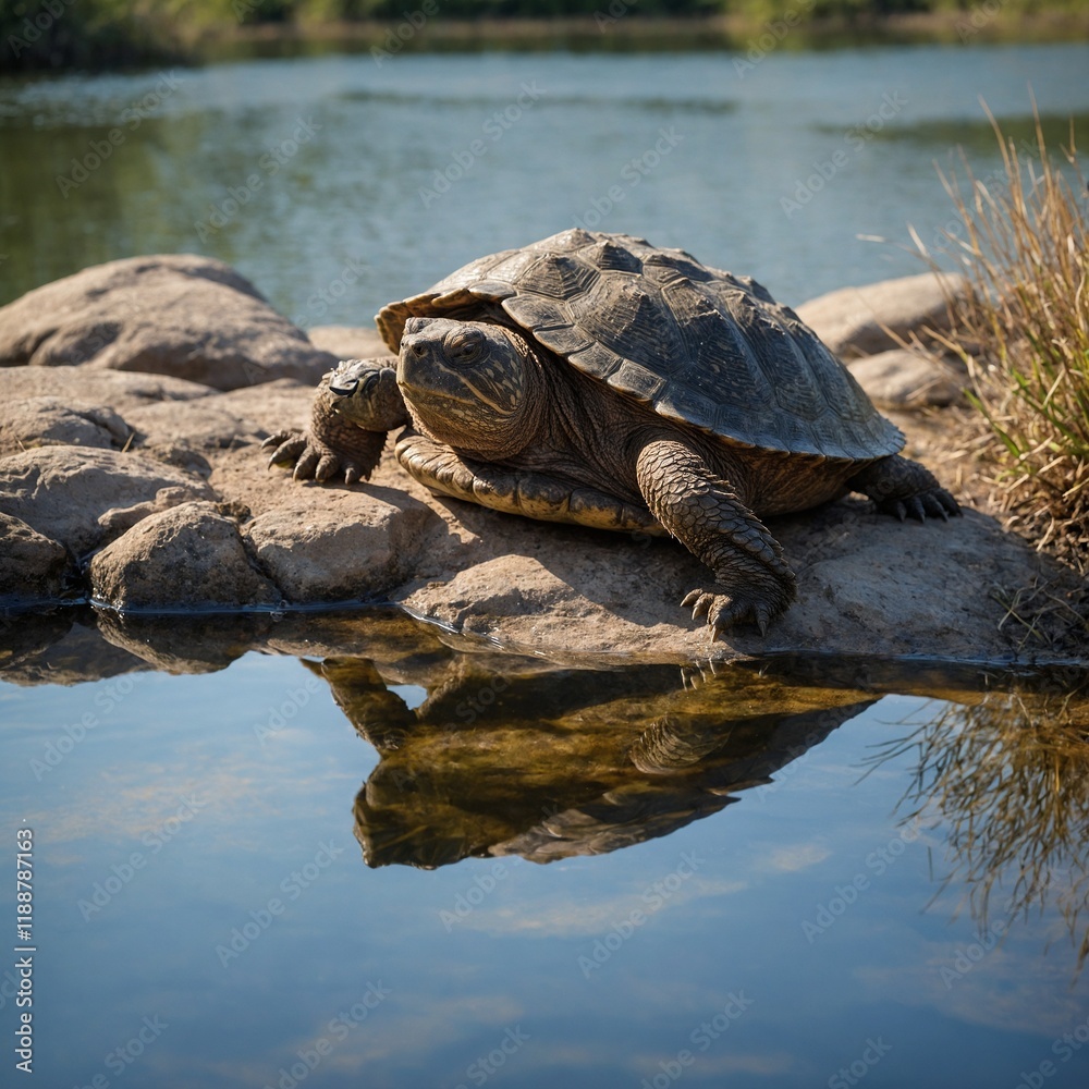 Obraz premium Four turtles on a rock in Prospect Park.close up portrait shot of the curious turtle.Turtle sunbathing on a rock.