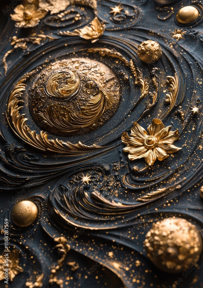 Detailed 3D Design of Celestial Patterns in Gold and Silver with Varied Textures Detailed 3D Design of Celestial Patterns in Gold and Silver with Varied Textures