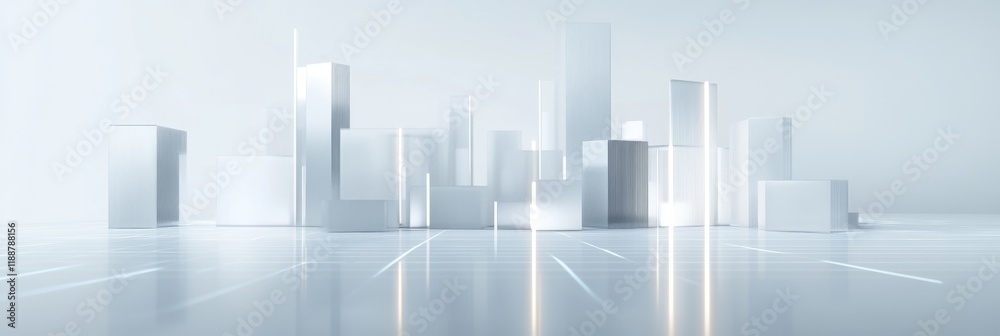 Futuristic white cityscape with minimalist geometric skyscrapers
