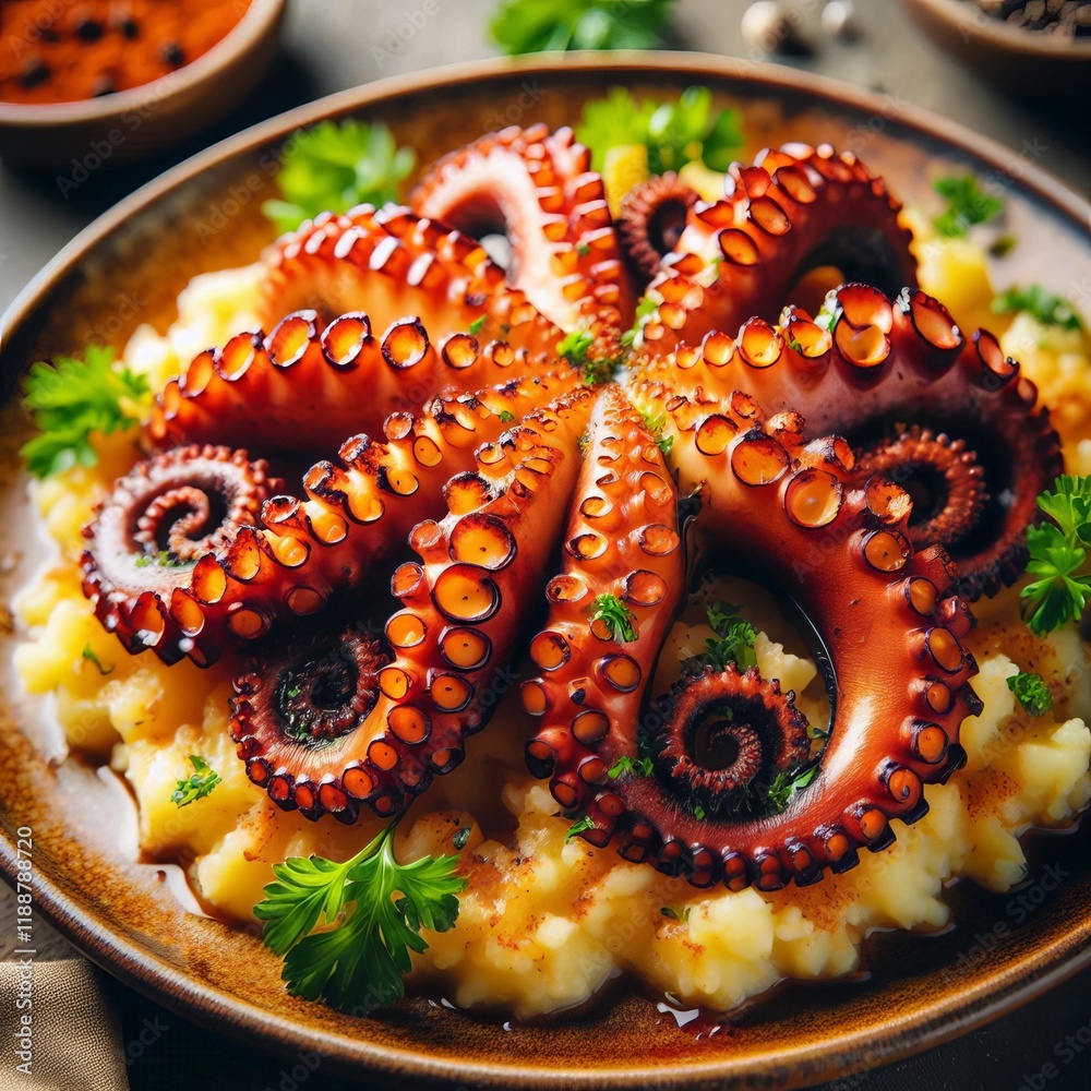 Fototapeta premium Perfectly grilled octopus tentacles marinated in a smoky paprika