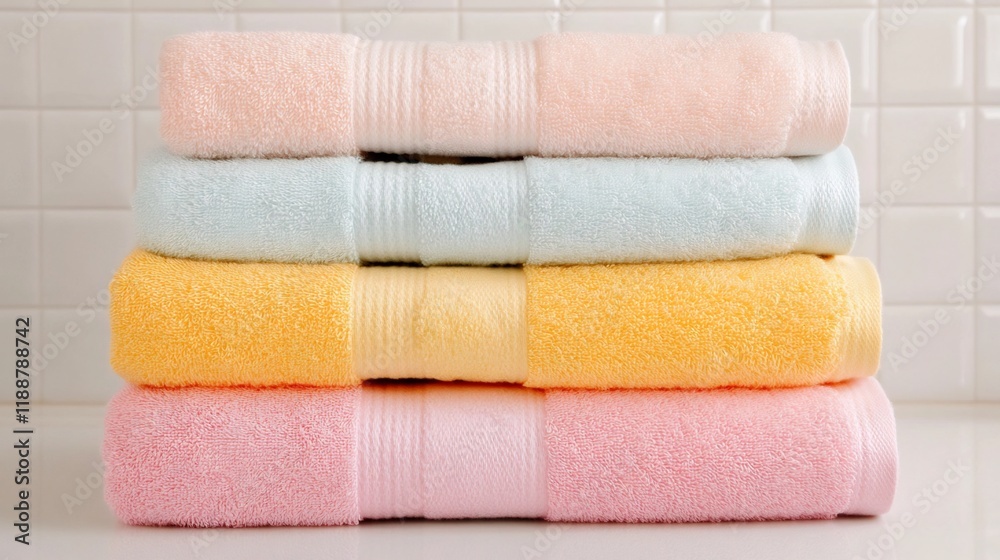 Neatly Folded Pastel Towels in a Clean and Cozy Bathroom Setting Neatly Folded Pastel Towels in a Clean and Cozy Bathroom Setting