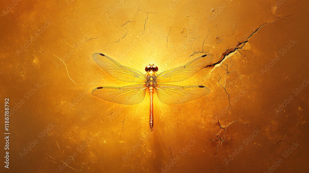 Good luck, A high-resolution image of a golden dragonfly resting on a cracked window, showcasing intricate details and textures in a natural setting.