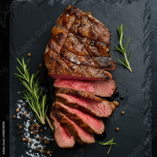 Juicy medium-rare steak, sliced beef on black slate, rosemary sprigs, coarse sea salt, peppercorns, dramatic lighting, high-resolution food photography, gourmet cuisine, rich red meat texture, aromati photo