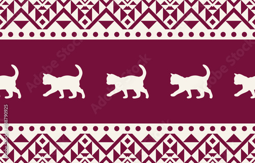 Wallpaper Mural Playful seamless pattern with walking cat silhouettes and geometric motifs. Burgundy and beige color palette. Suitable for children's apparel, home decor, pet product packaging, and creative projects. Torontodigital.ca