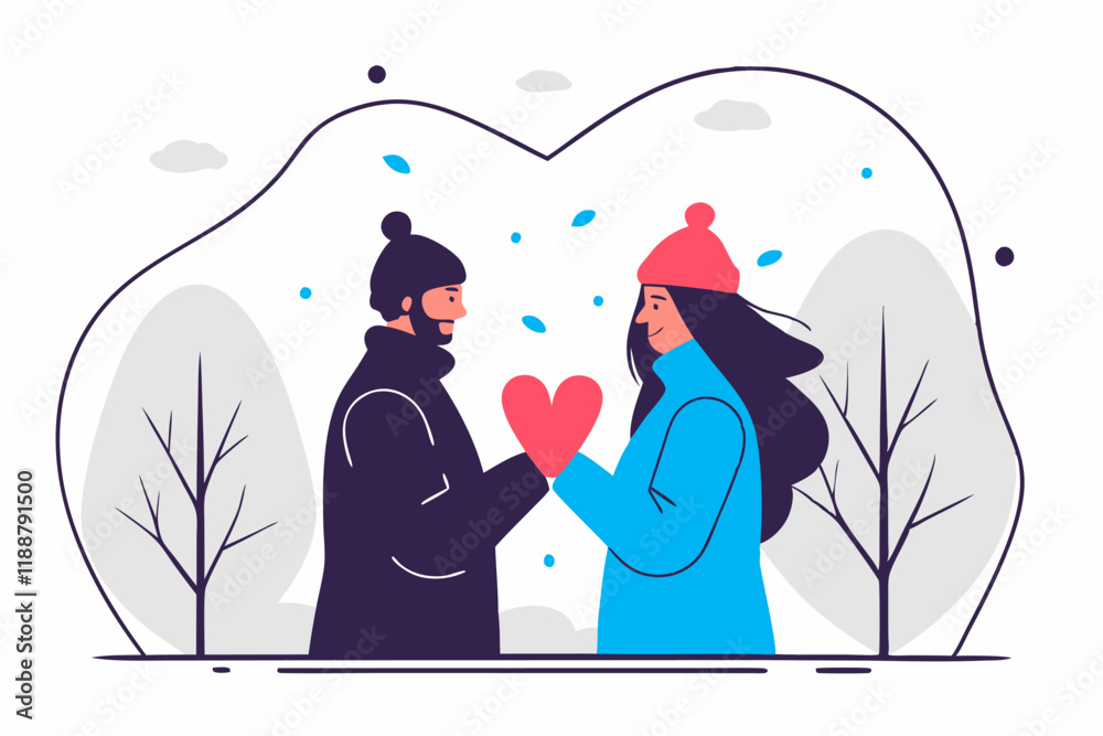 Illustration, funny people in love holding hands, romance, happy Valentine's day