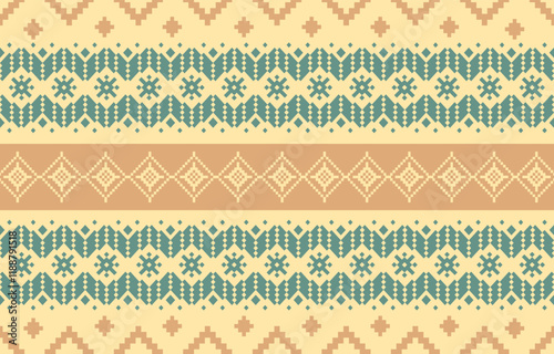 Warm and cozy seamless pixel pattern with geometric and floral motifs. Beige, brown, and blue color palette. Suitable for winter apparel, home decor, digital backgrounds,and folk art-inspired projects