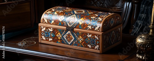 A luxurious handmade wooden jewelry chest with colorful inlaid designs and earthy tones on a vintage desk