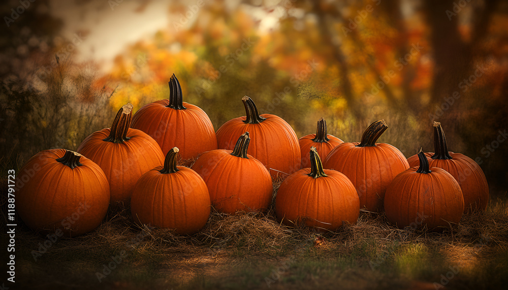 Pumpkins In The Field At Sunset - Thanksgiving And Fall Background Pumpkins In The Field At Sunset - Thanksgiving And Fall Background