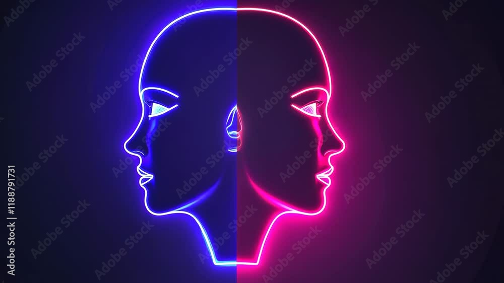 Vibrant Neon Illustration of Mirrored Human Profiles in Blue and Pink Futuristic, Symmetrical Design with Duality and Contrast Vibrant Neon Illustration of Mirrored Human Profiles in Blue and Pink Futuristic, Symmetrical Design with Duality and Contrast