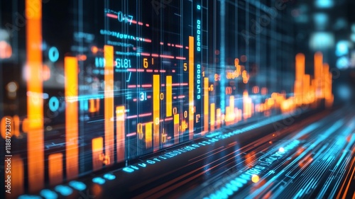 A Digital data visualization with glowing graphs and charts