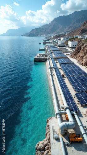 A coastal area with a green energy infrastructure utilizing solar panels, suggesting an eco-friendly approach to power generation.