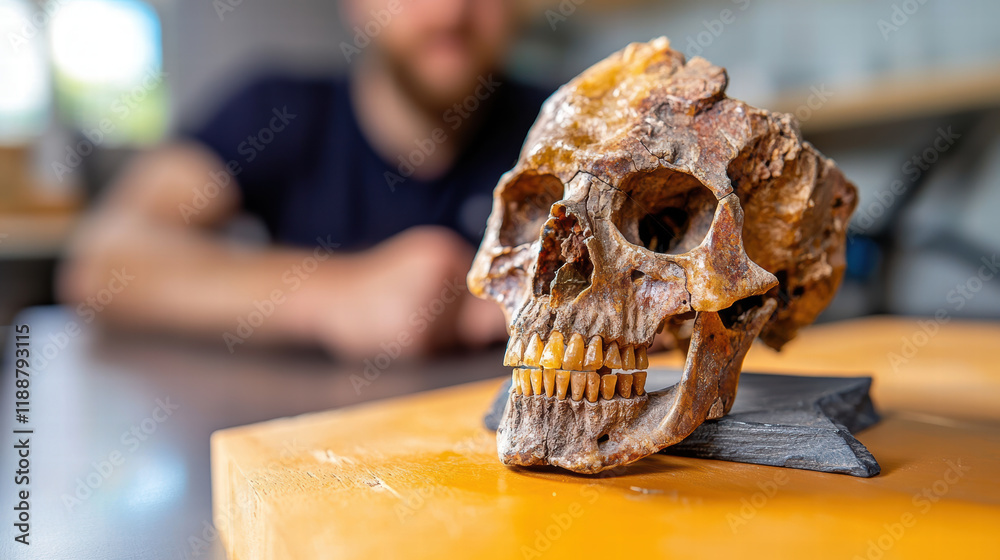 Fototapeta premium Ancient skull on display in museum setting