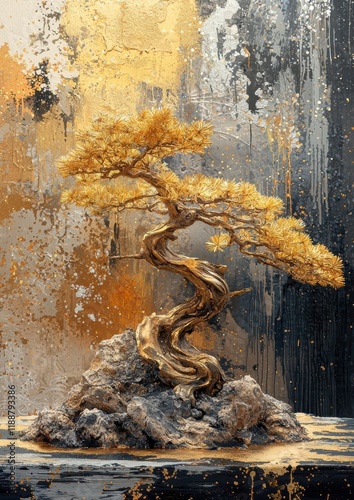 Detailed bonsai tree with golden foliage in front of abstract metallic artwork, created as a high-resolution oil painting showcasing rich detail and texture