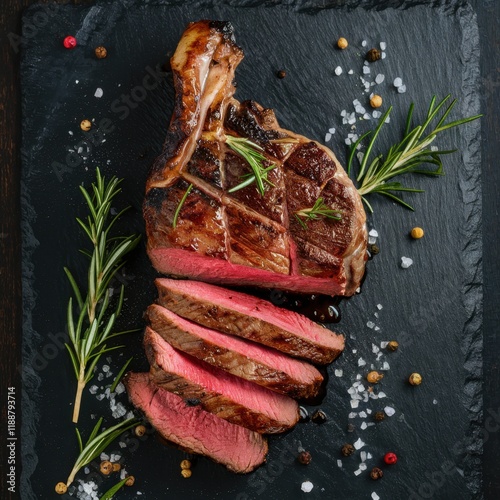 Juicy medium-rare steak, sliced beef on black slate, rosemary sprigs, coarse sea salt, peppercorns, dramatic lighting, high-resolution food photography, gourmet cuisine, rich red meat texture, aromati photo