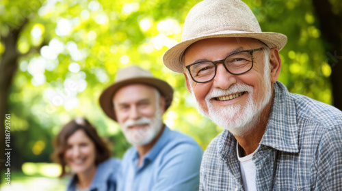 Fototapeta Naklejka Na Ścianę i Meble -  Elderly friends enjoying sunny day outdoors, smiling warmly