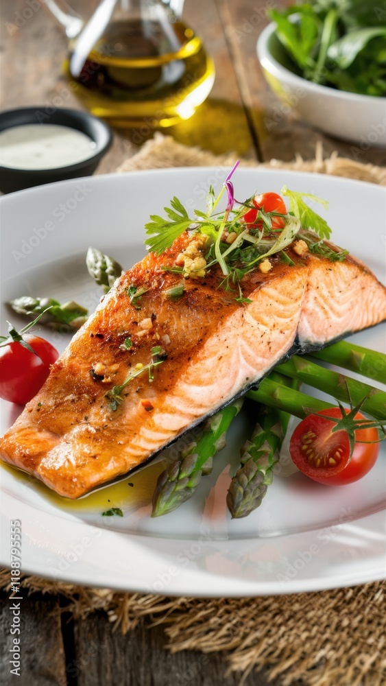 Grilled salmon fillet, vibrant asparagus spears, cherry tomatoes, arugula garnish, white ceramic plate, wooden table, olive oil drizzle, rustic setting, food photography, gourmet meal, healthy cuisine Grilled salmon fillet, vibrant asparagus spears, cherry tomatoes, arugula garnish, white ceramic plate, wooden table, olive oil drizzle, rustic setting, food photography, gourmet meal, healthy cuisine