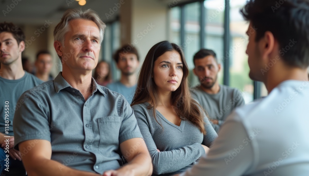 A diverse group of adults, including a focused man and a contemplative woman, attentively listens to a speaker in a modern setting. The atmosphere is charged with curiosity and engagement A diverse group of adults, including a focused man and a contemplative woman, attentively listens to a speaker in a modern setting. The atmosphere is charged with curiosity and engagement