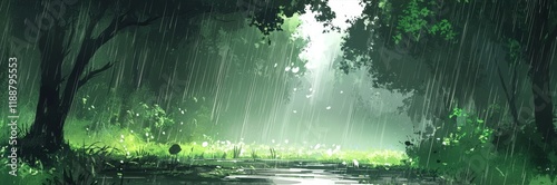 A serene forest scene during the rainy season.