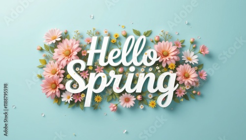 Hello spring text vector background design. Spring greeting typography with fresh bloom flowers and butterfly elements in empty space for holiday season celebration. Vector Illustration