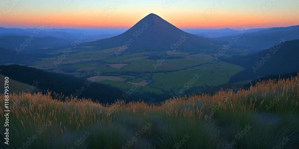 Naklejka premium Majestic Mountain Peak at Sunset Over Lush Valley Landscape